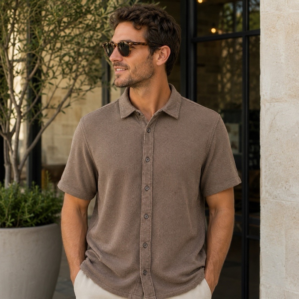 Kenneth Cole Brown Micro Dot Short Sleeve‎ Buttonup Camp Capsule Preppy M